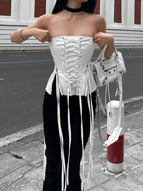 Zipper Patchwork Lace Up Tube Top