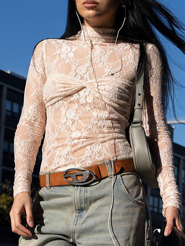 High Neck Floral See Through T-Shirt