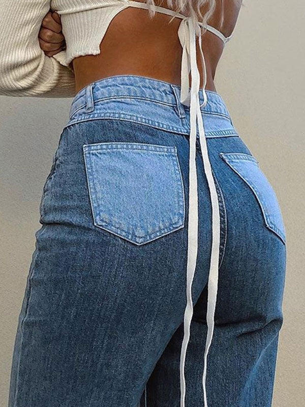 Casual Patchwork High Waist Color Block Jeans