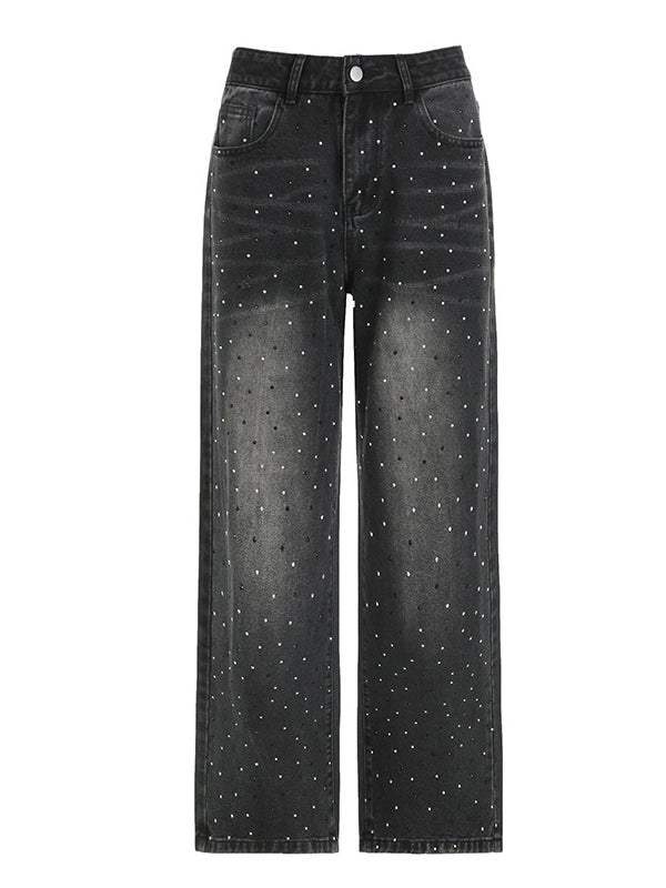 Gradient Zipper Whiskered Diamante Jeans