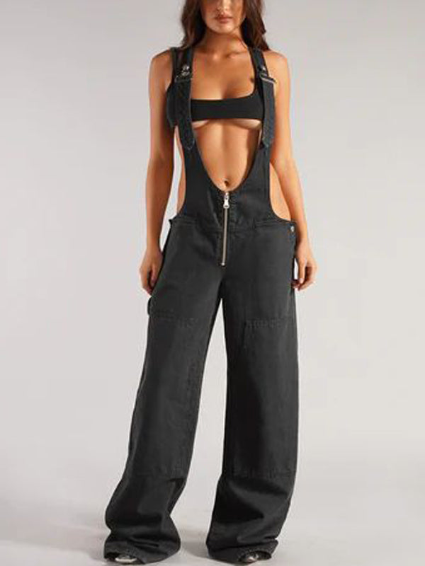 Patch Pocket Zipper Denim Overall Pants