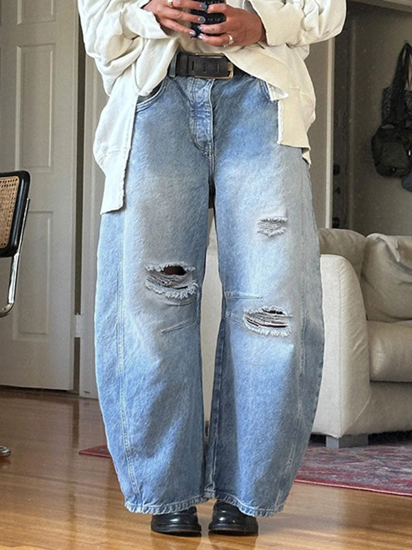 Broken Holes Button Wash Jeans