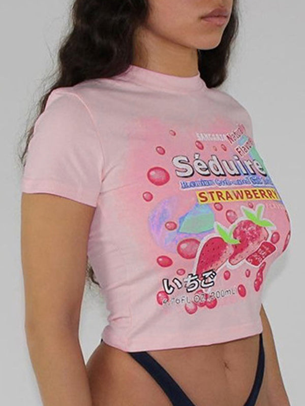 Cartoon Round Neck Exposed Navel T-Shirt