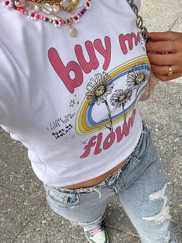 Letters Floral Printed Round Neck T-Shirt