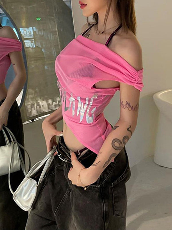 Letters Off Shoulder See Through T-Shirt