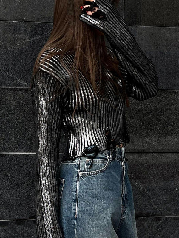 High Neck Metallic Asymmetric Hem Sweaters