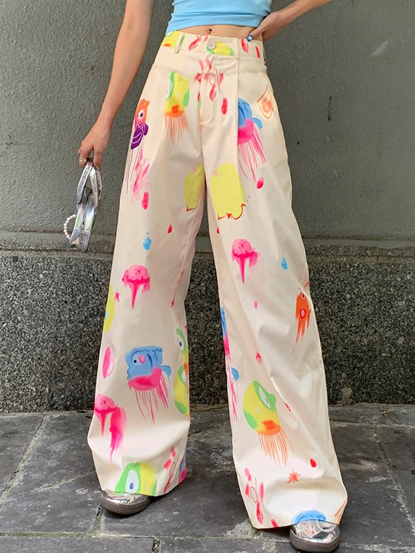 Graffiti-Print Woven Wide-Leg Pants