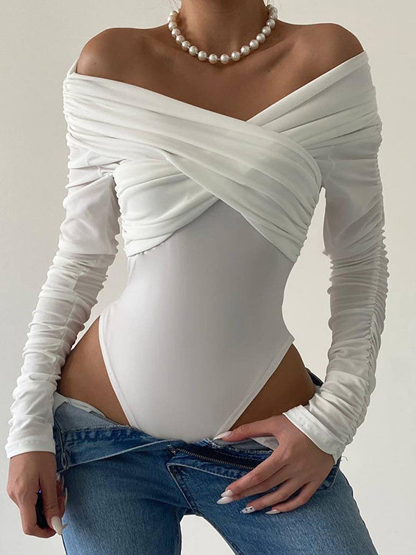 Plain Off Shoulder Rushed Sleeve Bodysuit