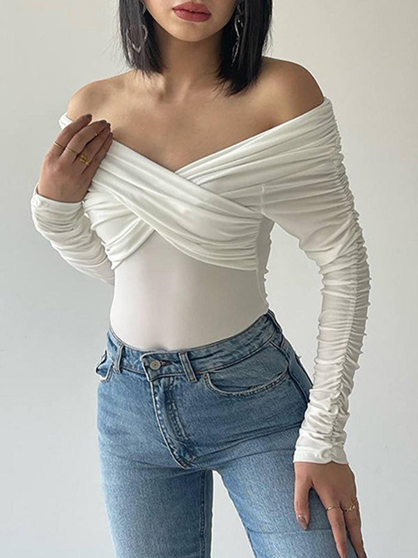 Plain Off Shoulder Rushed Sleeve Bodysuit