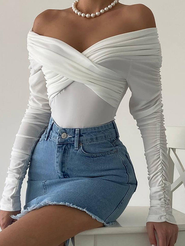 Plain Off Shoulder Rushed Sleeve Bodysuit