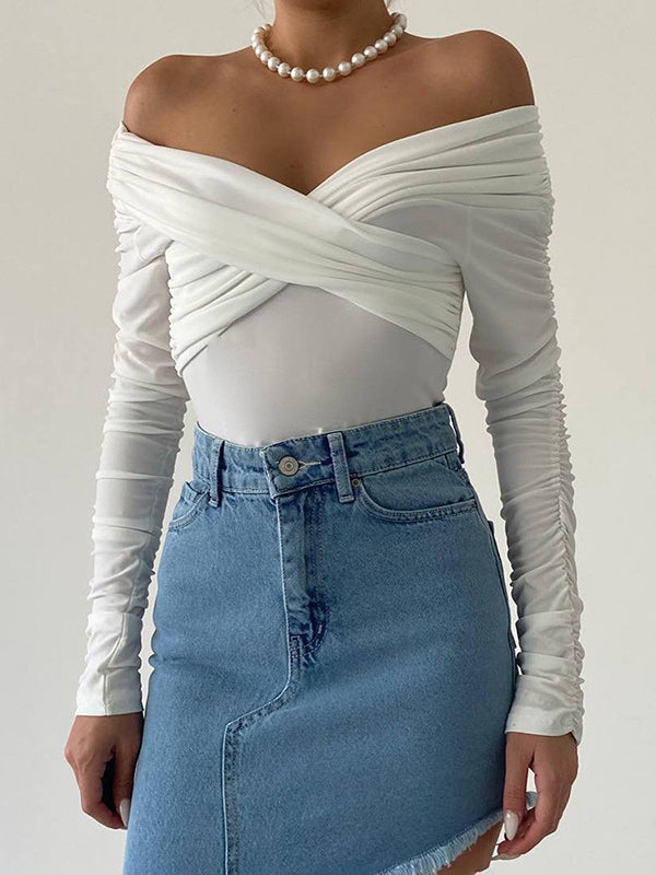 Plain Off Shoulder Rushed Sleeve Bodysuit