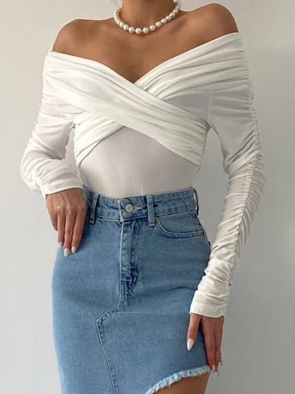 Plain Off Shoulder Rushed Sleeve Bodysuit