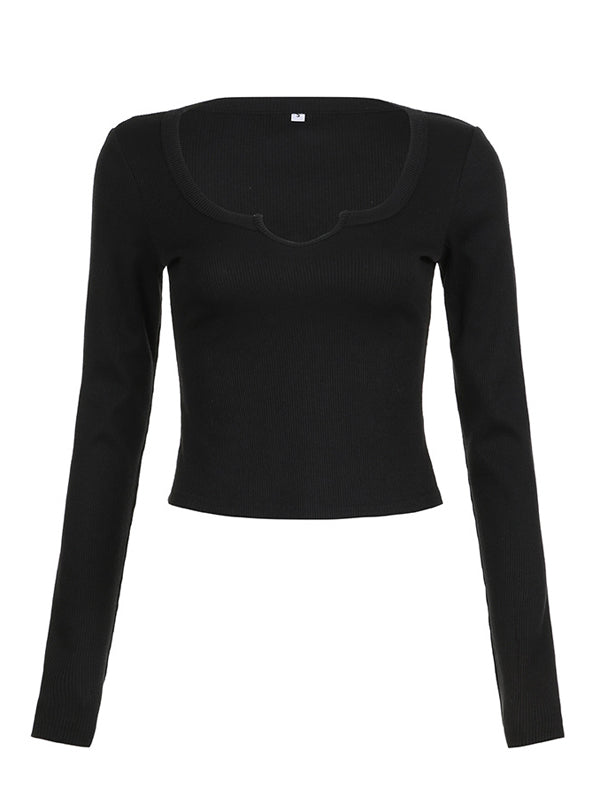 Solid U Collar Slim Long Sleeve T-Shirt