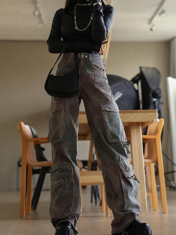 Gradient Zipper Flap Pocket Cargo Jeans