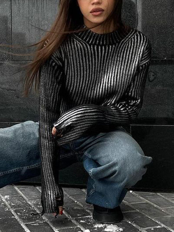 High Neck Metallic Asymmetric Hem Sweaters