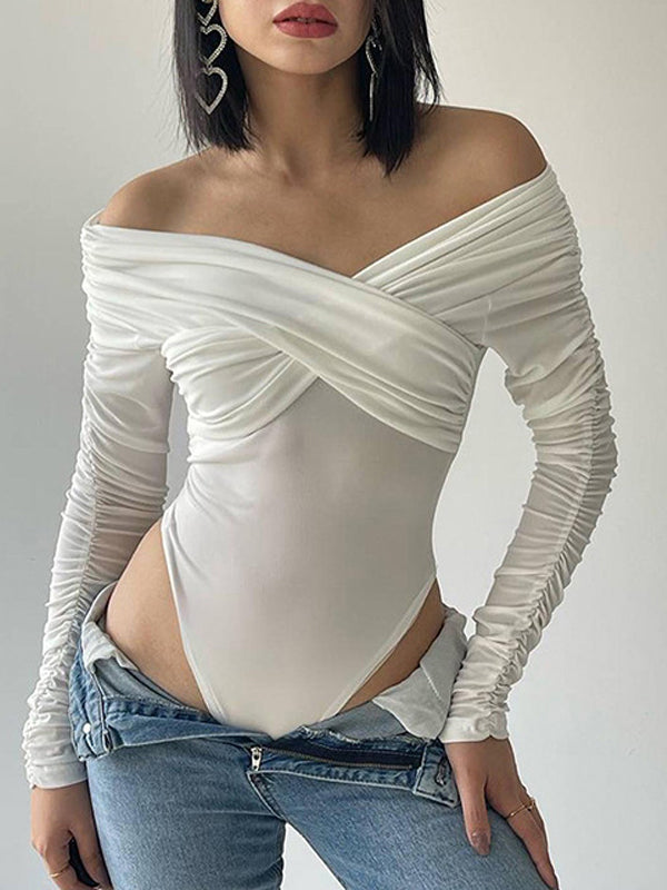 Plain Off Shoulder Rushed Sleeve Bodysuit