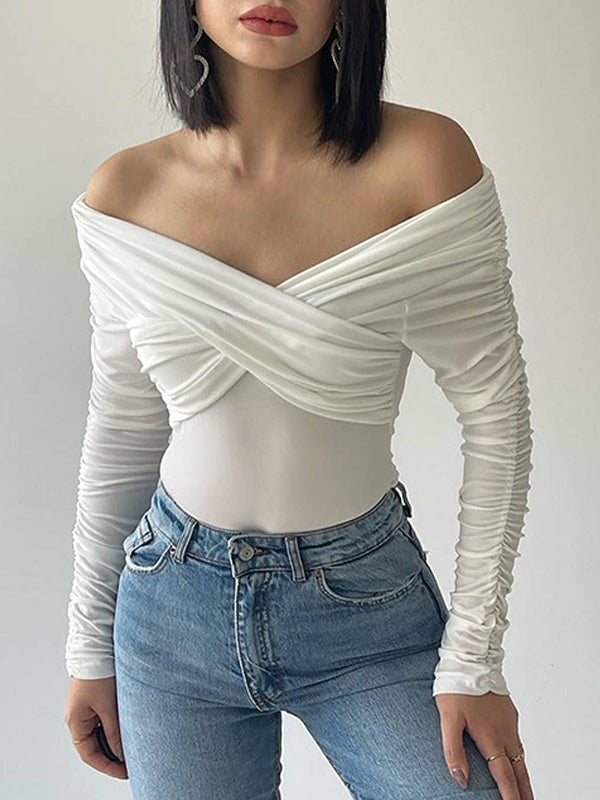 Plain Off Shoulder Rushed Sleeve Bodysuit