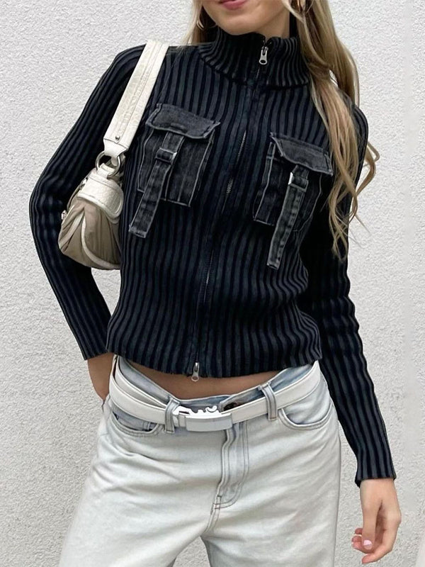 High Neck Flap Pocket Zipper Cardigan