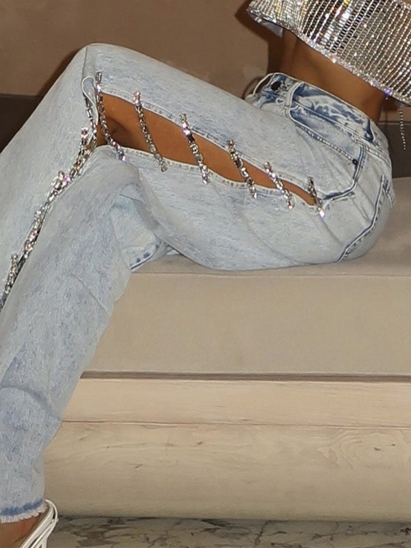 Patchwork Cutout Zipper Diamante Jeans