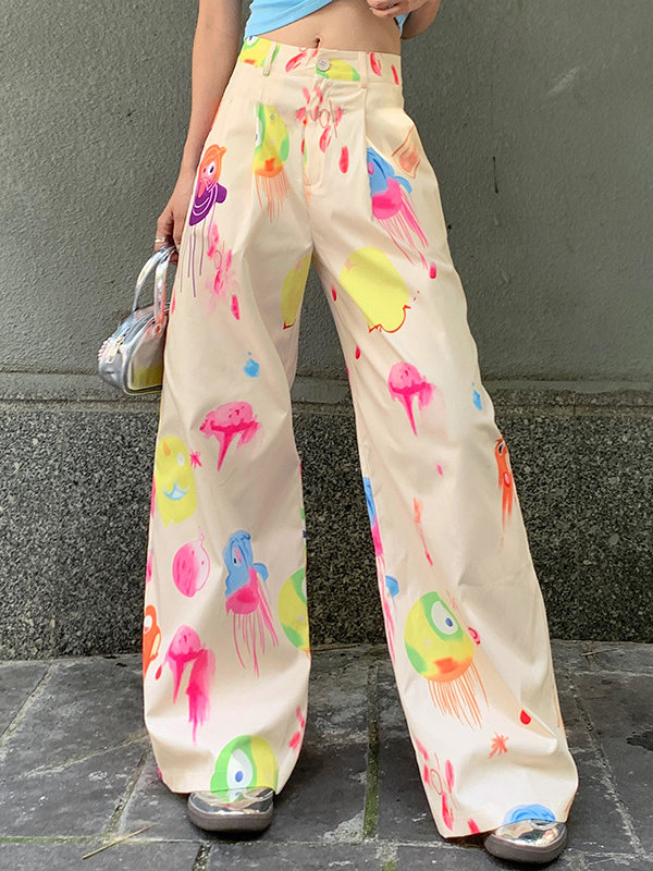 Graffiti-Print Woven Wide-Leg Pants