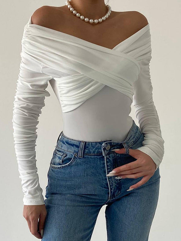 Plain Off Shoulder Rushed Sleeve Bodysuit