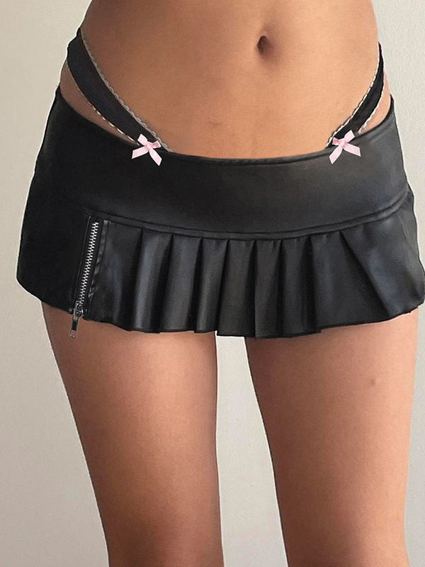 Plain Bow Zipper Pleated Bodice PU MIni Skirt