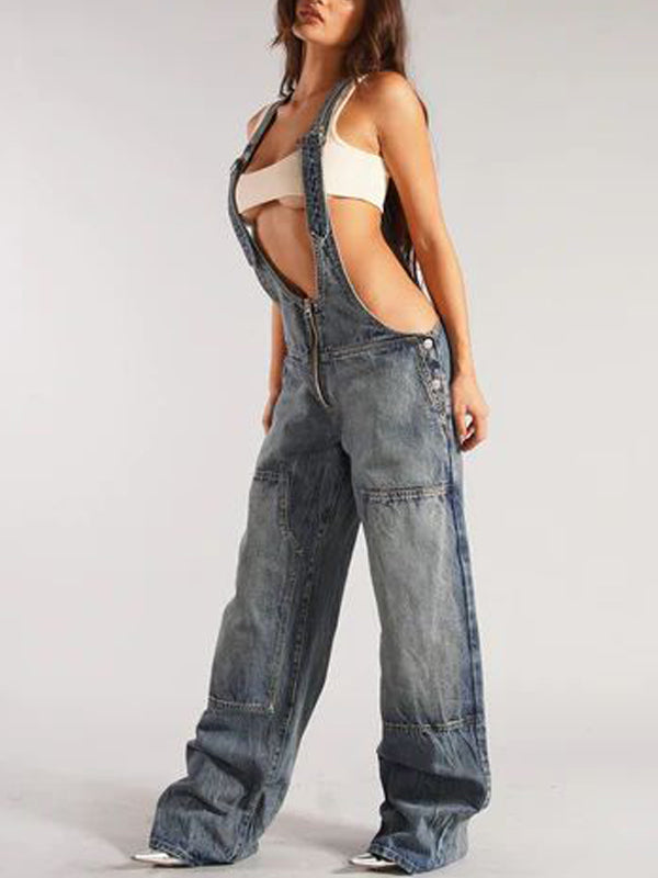 Patch Pocket Zipper Denim Overall Pants