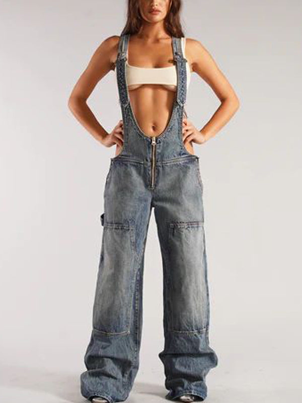 Patch Pocket Zipper Denim Overall Pants