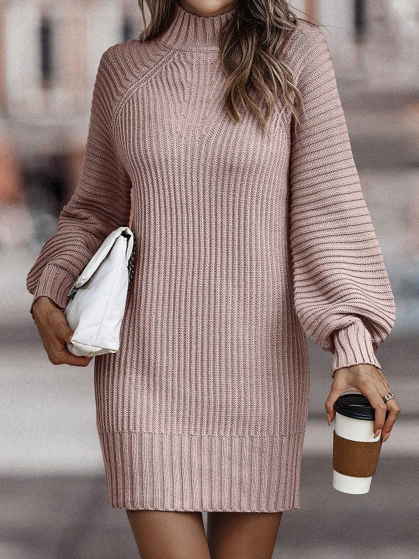 Plain High Neck Bell Sleeve Midi Dress