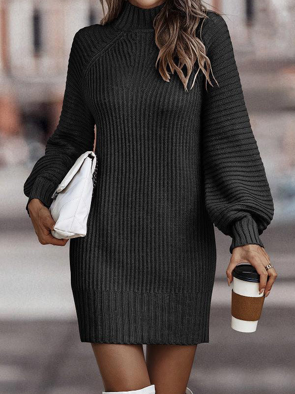 Plain High Neck Bell Sleeve Midi Dress