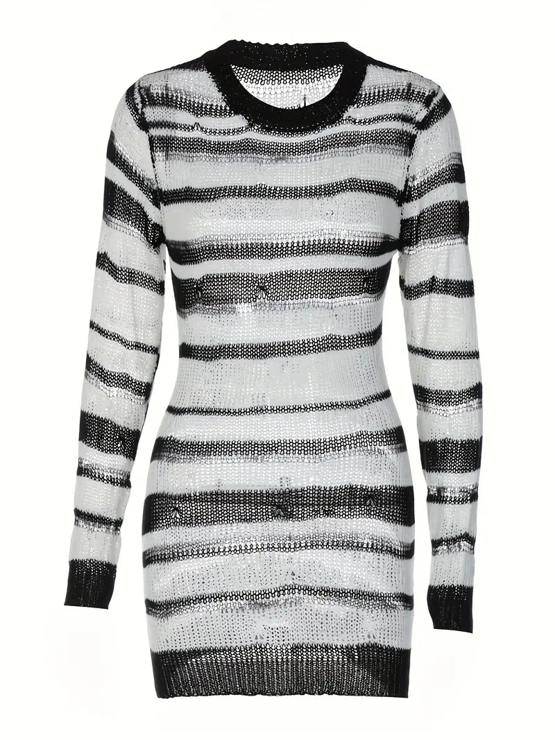 Striped Round Neck Hollow Out Dress