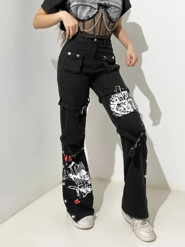 Street Printed Belt High Rise Washed Jeans