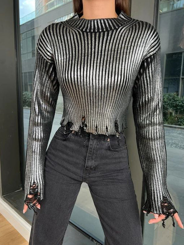 High Neck Metallic Asymmetric Hem Sweaters