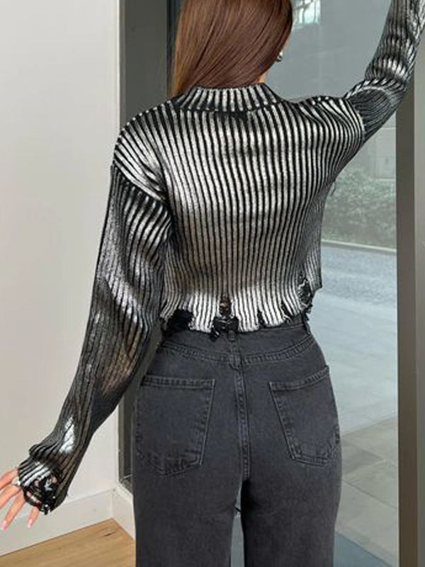 High Neck Metallic Asymmetric Hem Sweaters