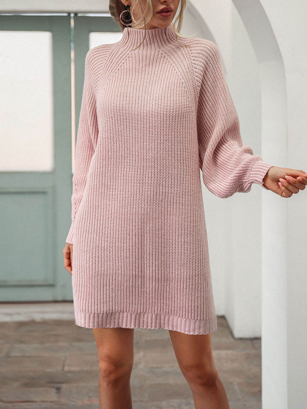 Plain High Neck Bell Sleeve Midi Dress