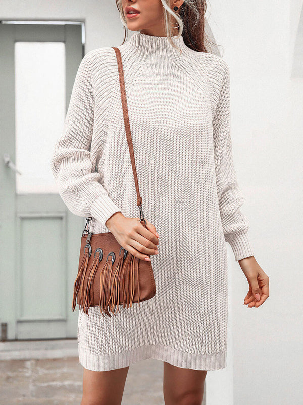 Plain High Neck Bell Sleeve Midi Dress